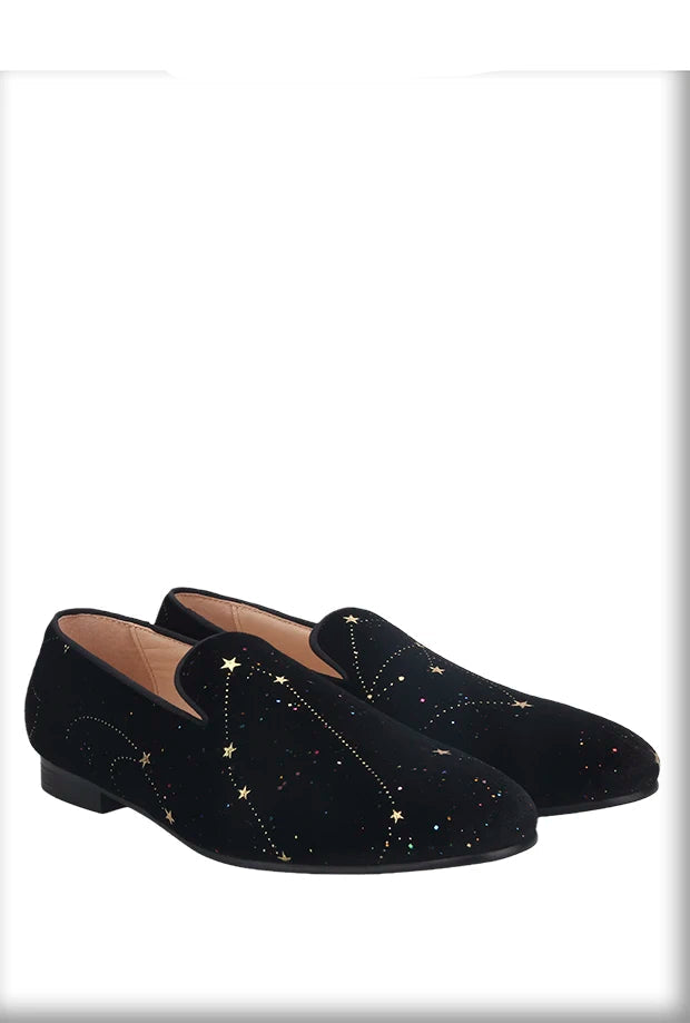 Customized Chinese style slip-on smoking shoes with gold totem print on black velvet.
