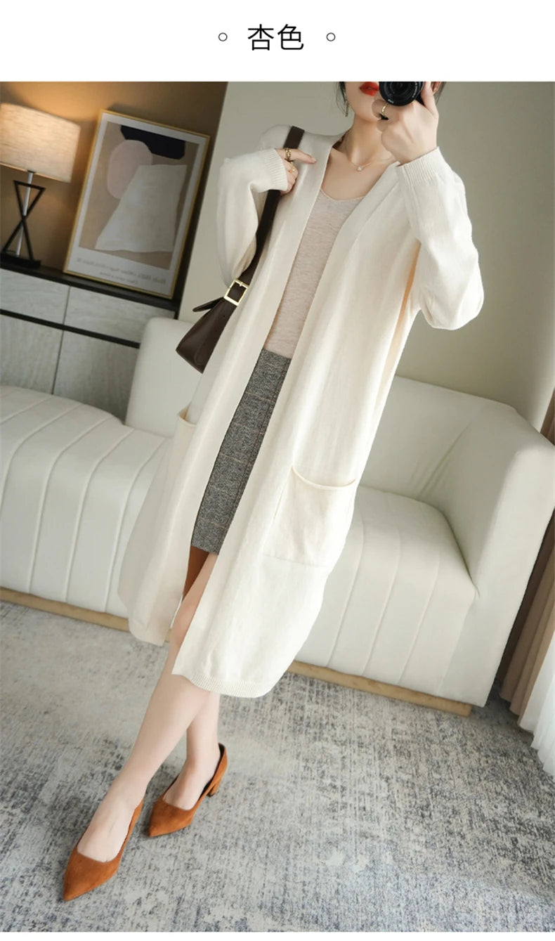 YSC New style Women Knitted Cashmere wool blend Cardigan V collar Super long style Buttonless pocket trim High-quality Cardigan