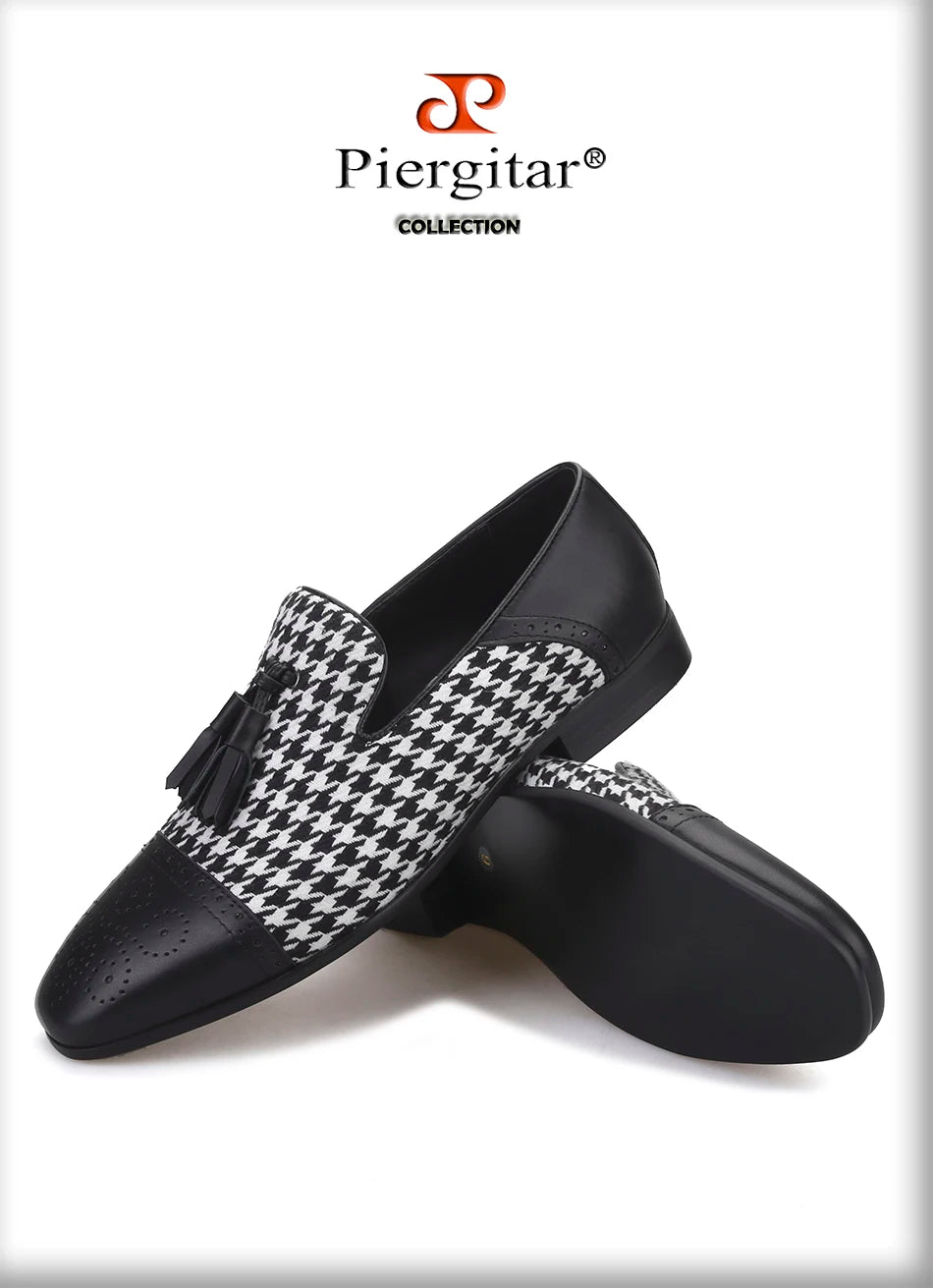 Piergitar brand new design houndstooth pattern men tassel shoes handmade men's loafers for party and prom men smoking slipper