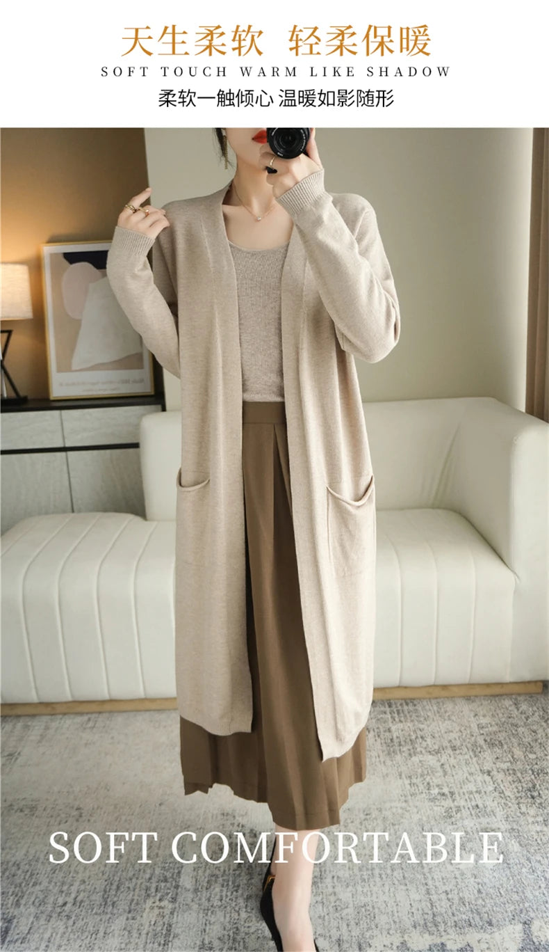 YSC New style Women Knitted Cashmere wool blend Cardigan V collar Super long style Buttonless pocket trim High-quality Cardigan