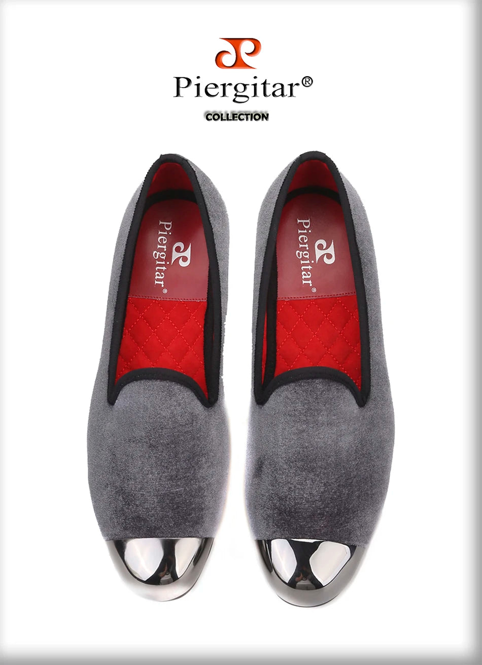 Piergitar gray color men velvet shoes with gun toe metal fashion party and wedding men loafers handmade men's smoking slippers
