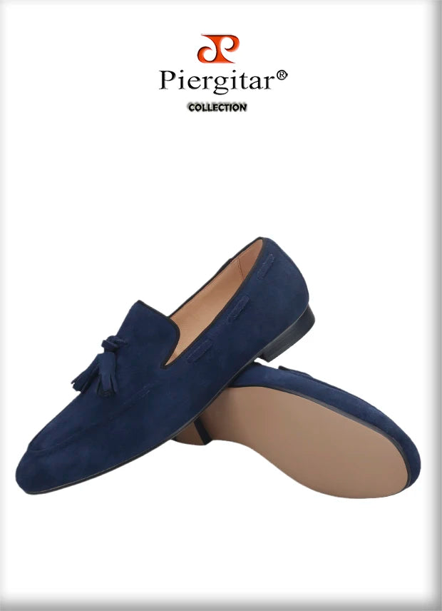 Piergitar Handmade Navy Suede Tassel Design Men's Loafers Classic Men Moccasin For Party And Prom Men's Casual Shoes Plus Size