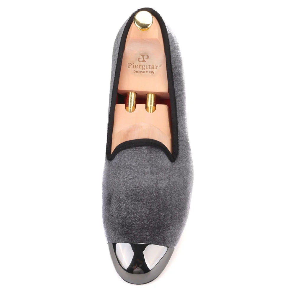 Piergitar gray color men velvet shoes with gun toe metal fashion party and wedding men loafers handmade men's smoking slippers