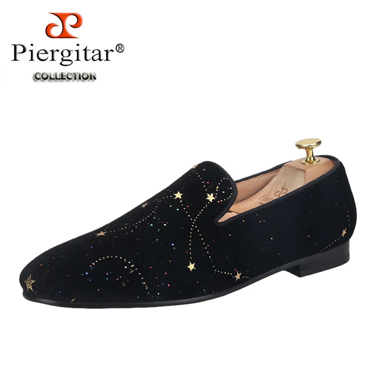 Piergitar 2021 Black Velvet Gold Dot Print Moccasin Handmade Men's Loafers British Classic Style Smoking Slippers Plus Size