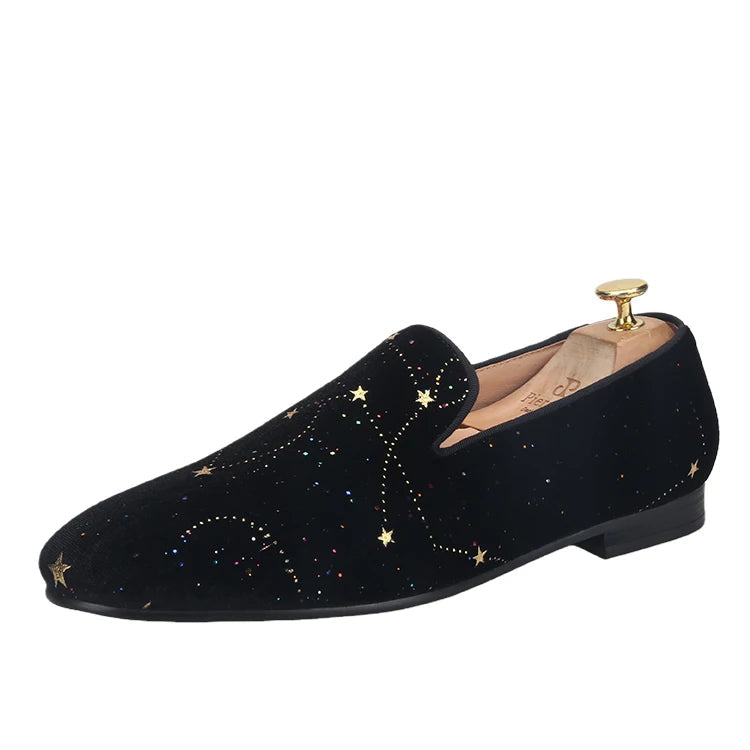 Customized Chinese style slip-on smoking shoes with gold totem print on black velvet.