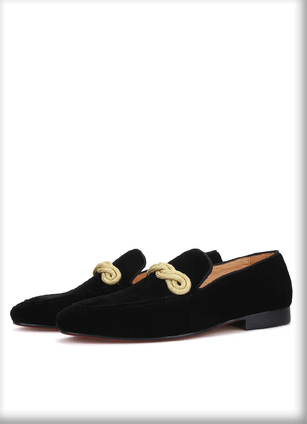 Men's smoking slippers with a gold rape design, made by hand.