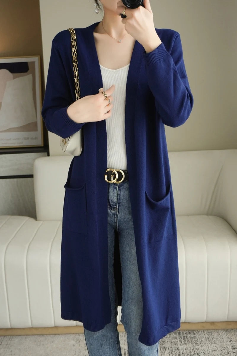 YSC New style Women Knitted Cashmere wool blend Cardigan V collar Super long style Buttonless pocket trim High-quality Cardigan