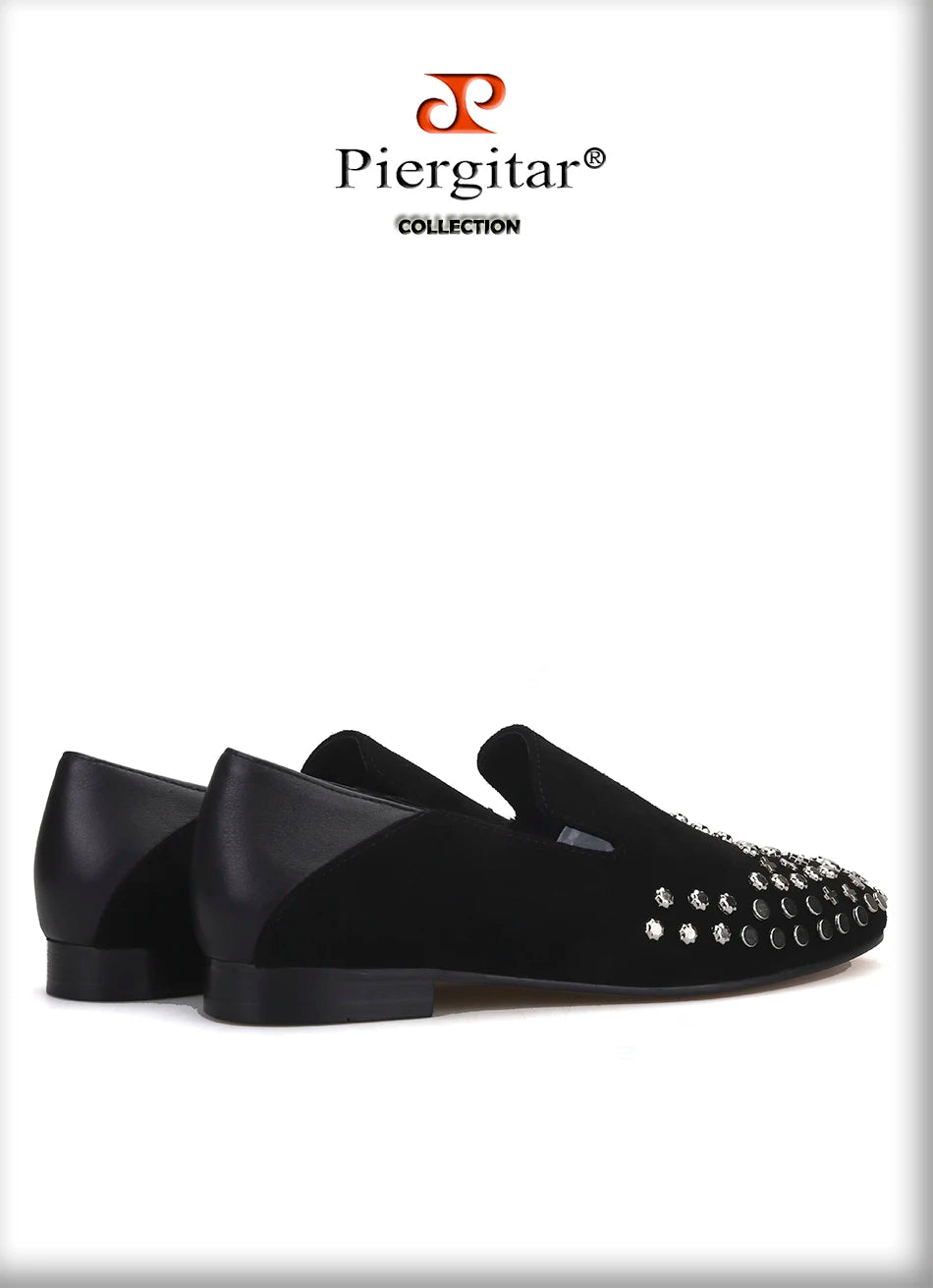 Piergitar handmade black cow leather men metal button smoking slippers fashion men's loafers for wendding and prom plus size