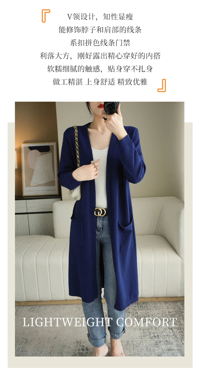 YSC New style Women Knitted Cashmere wool blend Cardigan V collar Super long style Buttonless pocket trim High-quality Cardigan