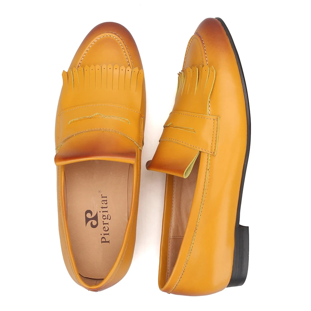 Yellow and Brown Colors Calfskin Slip-On Mens Dress Shoes for Party Handmade Male Smoking slippers