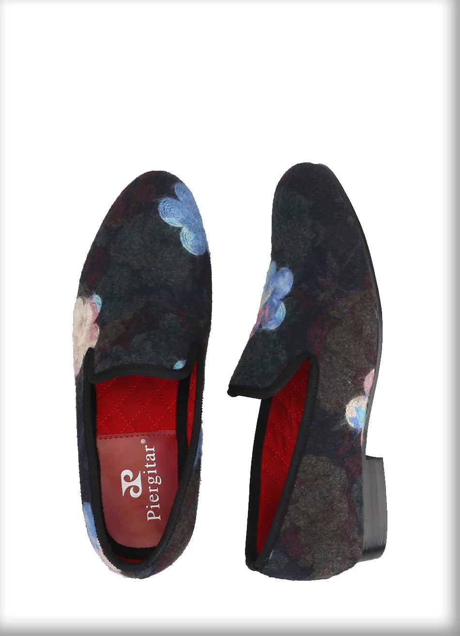 Mix color knitted fabric prom and party men's loafers style ethnic men's flats with flower printing