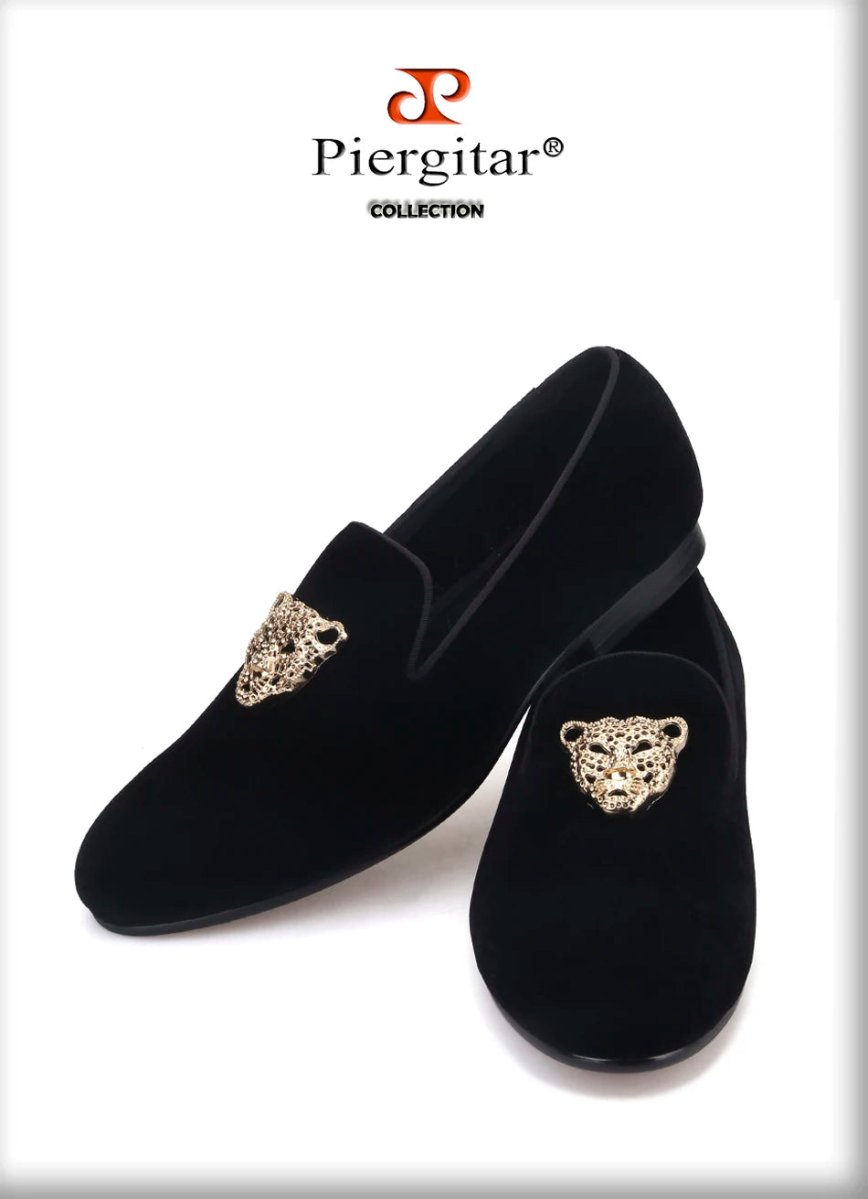 Piergitar leopard metal buckle men velvet shoes fashion party and wedding men loafers handmade men's smoking slippers plus size