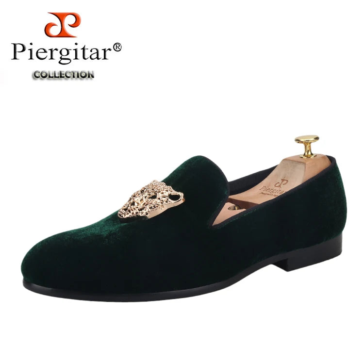 Piergitar leopard metal buckle men velvet shoes fashion party and wedding men loafers handmade men's smoking slippers plus size
