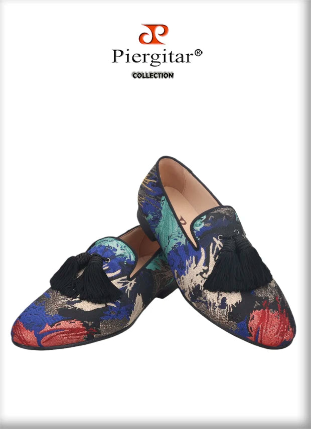 Piergitar 2021 New Style Oil Painting Silk Men Moccasin Handmade Tassel Men's Loafers Plus Size Slip-On Male Smoking Slippers