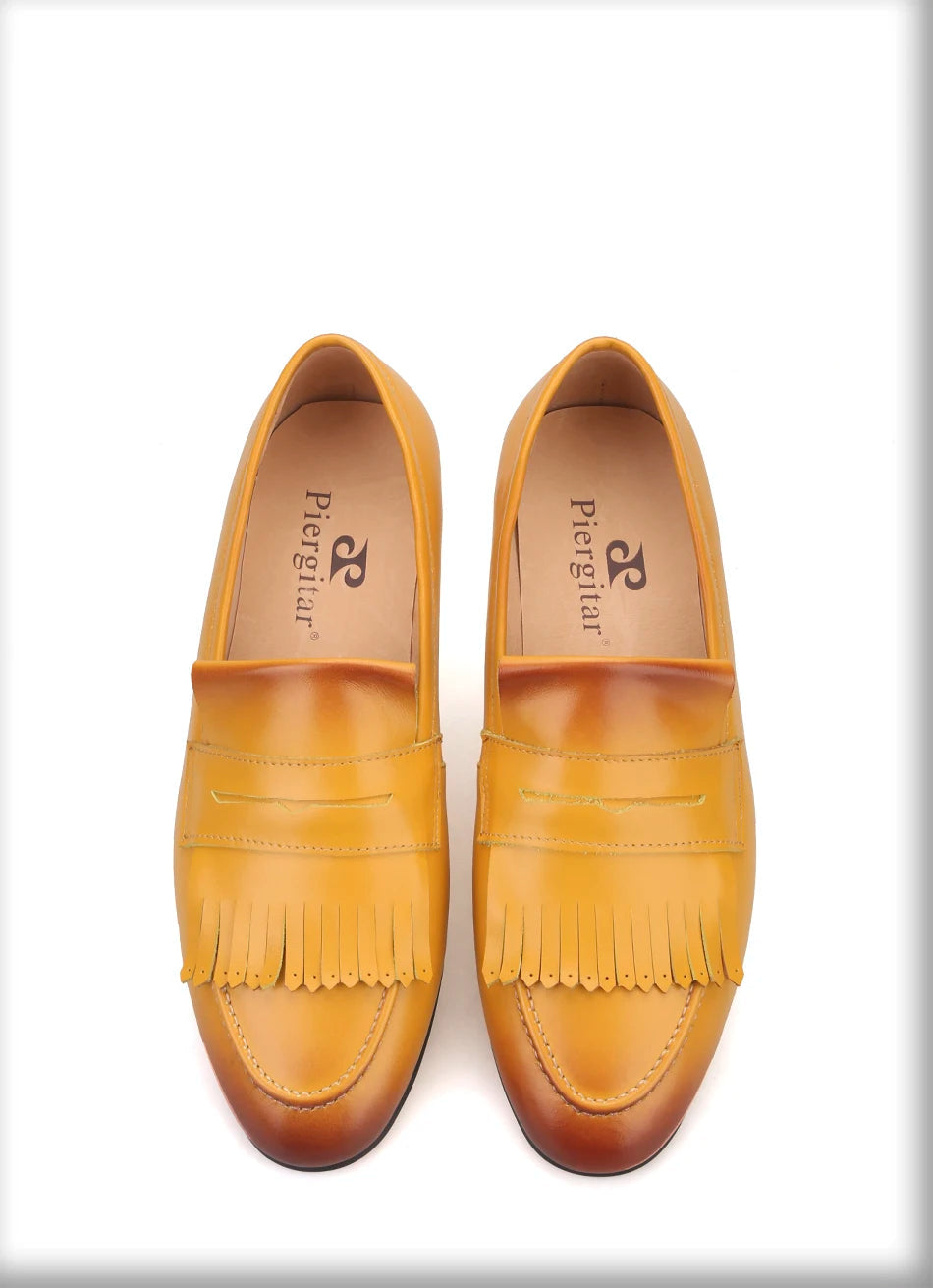 Yellow and Brown Colors Calfskin Slip-On Mens Dress Shoes for Party Handmade Male Smoking slippers