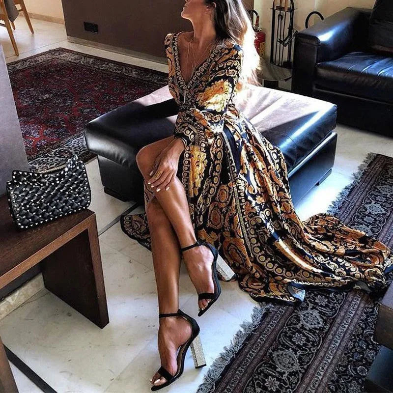 Womens boho maxi dress V neck loose Printed Long Dress