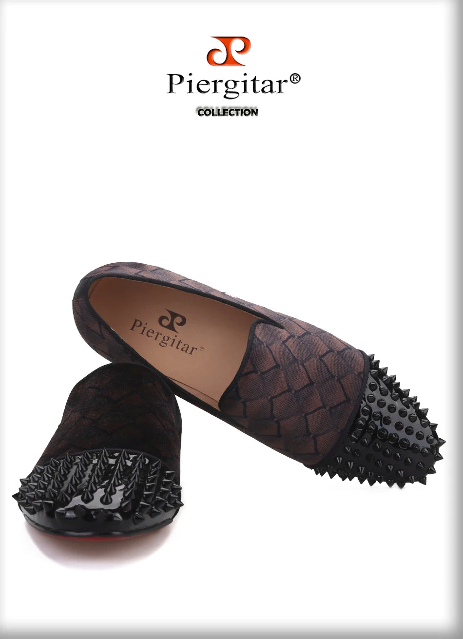 Piergitar 2022 Plaid Design Brown Velvet Men Studded Shoes Handmade Red Bottom Men's Loafers For Party And Banquet Plus Size