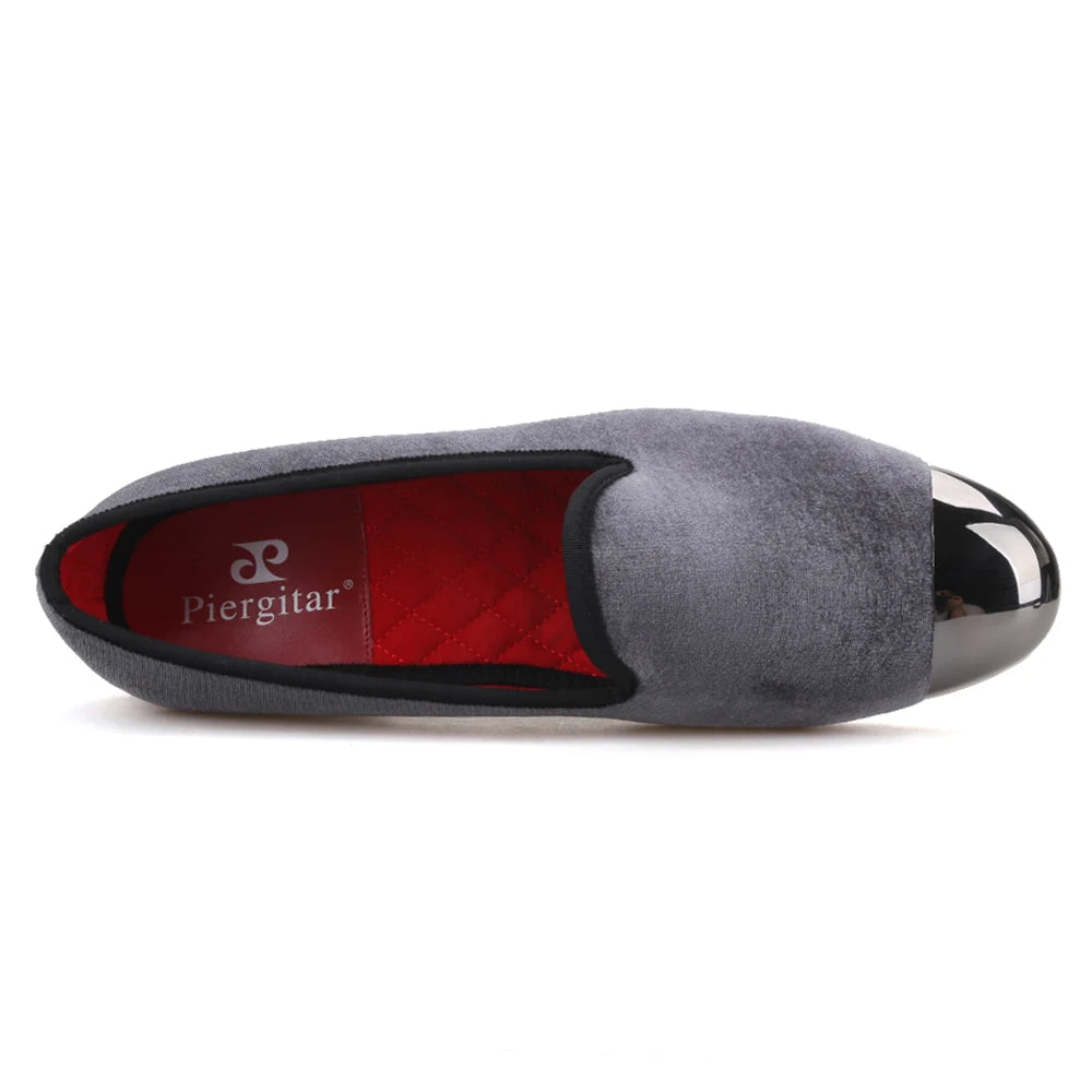 Piergitar gray color men velvet shoes with gun toe metal fashion party and wedding men loafers handmade men's smoking slippers
