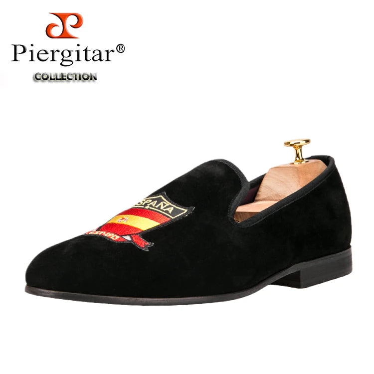 Piergitar Handmade Embroidery Of Four Powerful Football Countries Black Velvet Men Loafers Genuine Leather InSoles And Outsoles