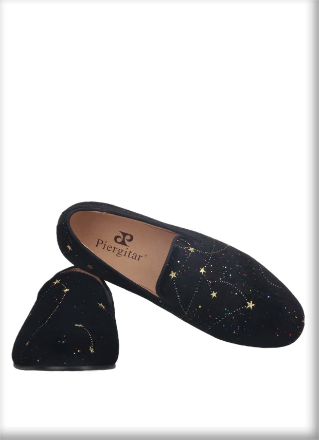 Customized Chinese style slip-on smoking shoes with gold totem print on black velvet.