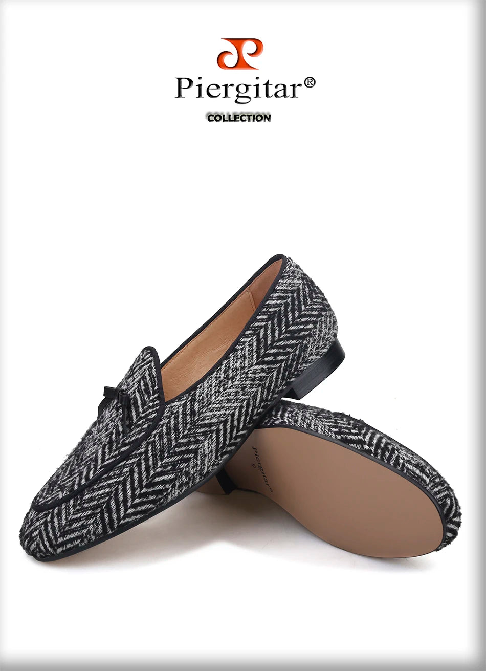 Piergitar handmade grey black knitted fabric men loafers with leather tie classic men's smoking slippers plus size