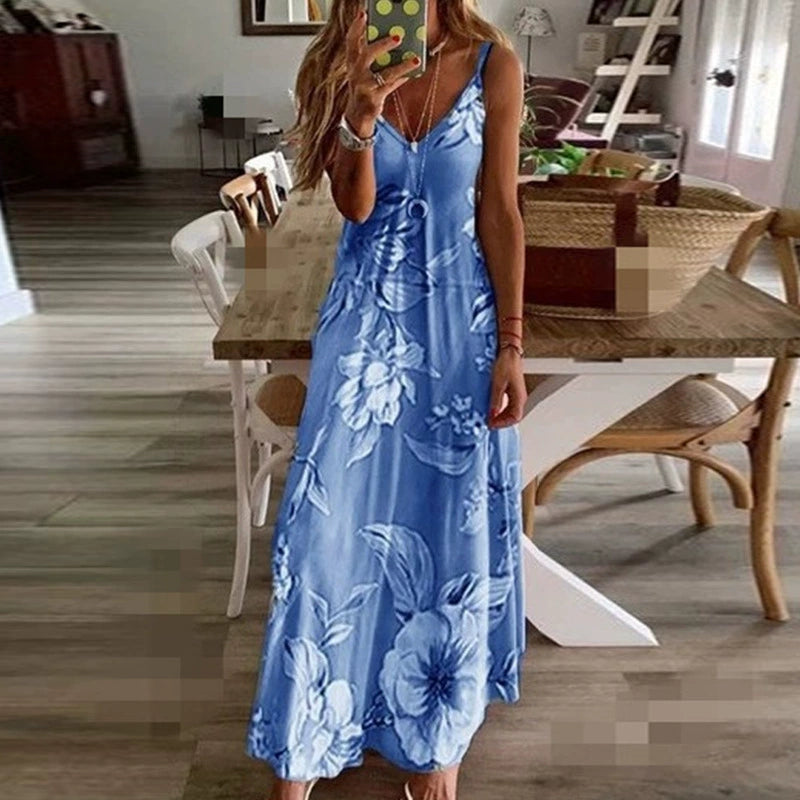 Hot Summer AmazoneBayNew Women's Clothing Sexy Low Cut Printed Floral Strap Dress