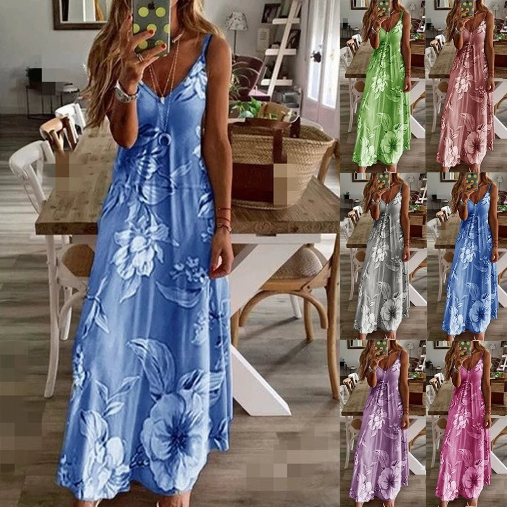 Hot Summer AmazoneBayNew Women's Clothing Sexy Low Cut Printed Floral Strap Dress