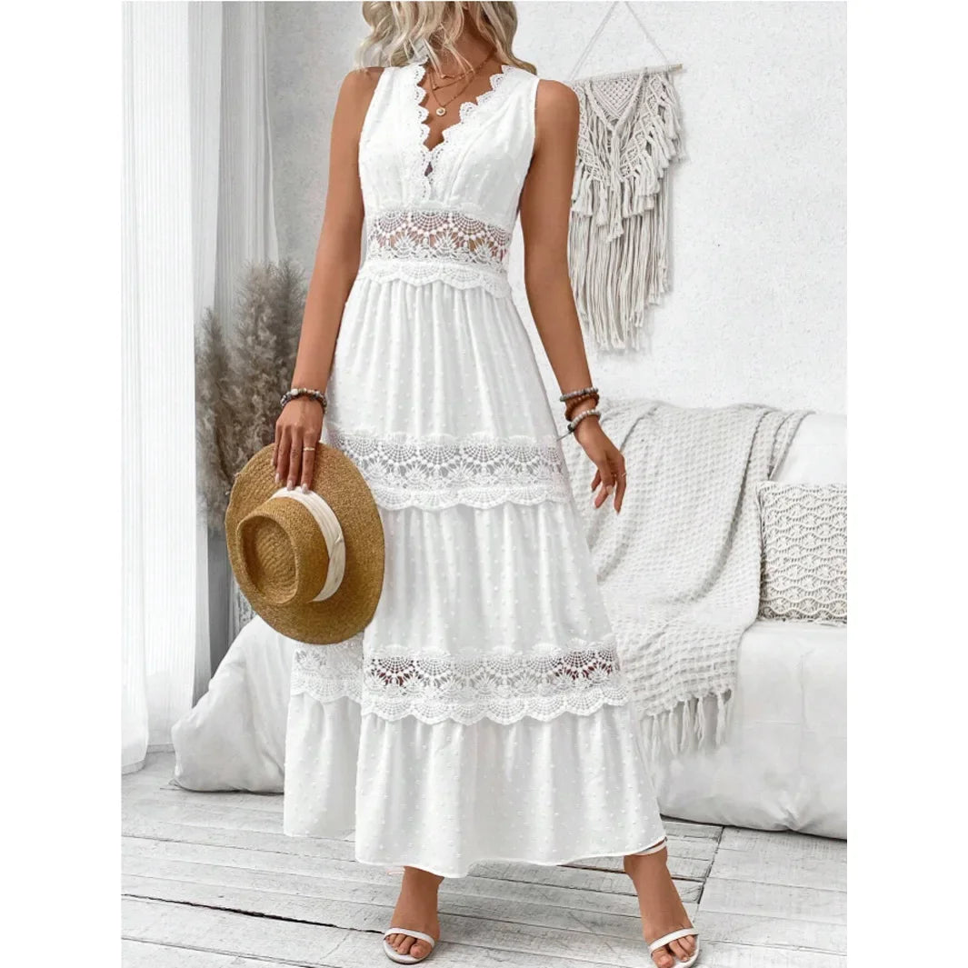 Women's Lace Stitching V-neck Sleeveless Dress High Waist White Ankle Length Sexy Long Dress