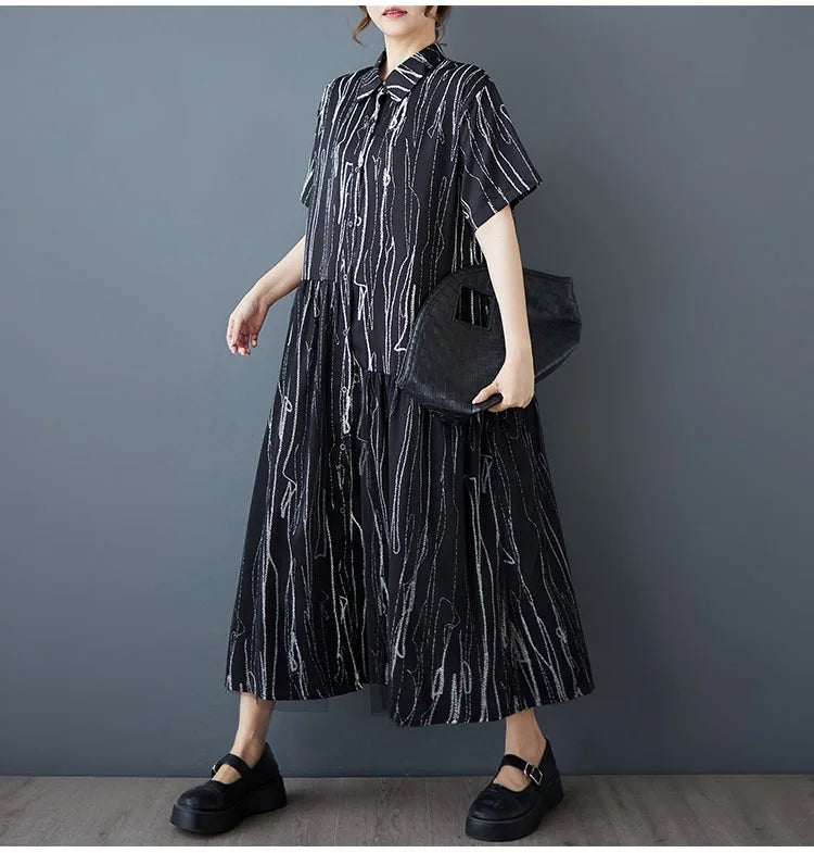 Stripe Print Mid Length Buttoned Midi Dress
