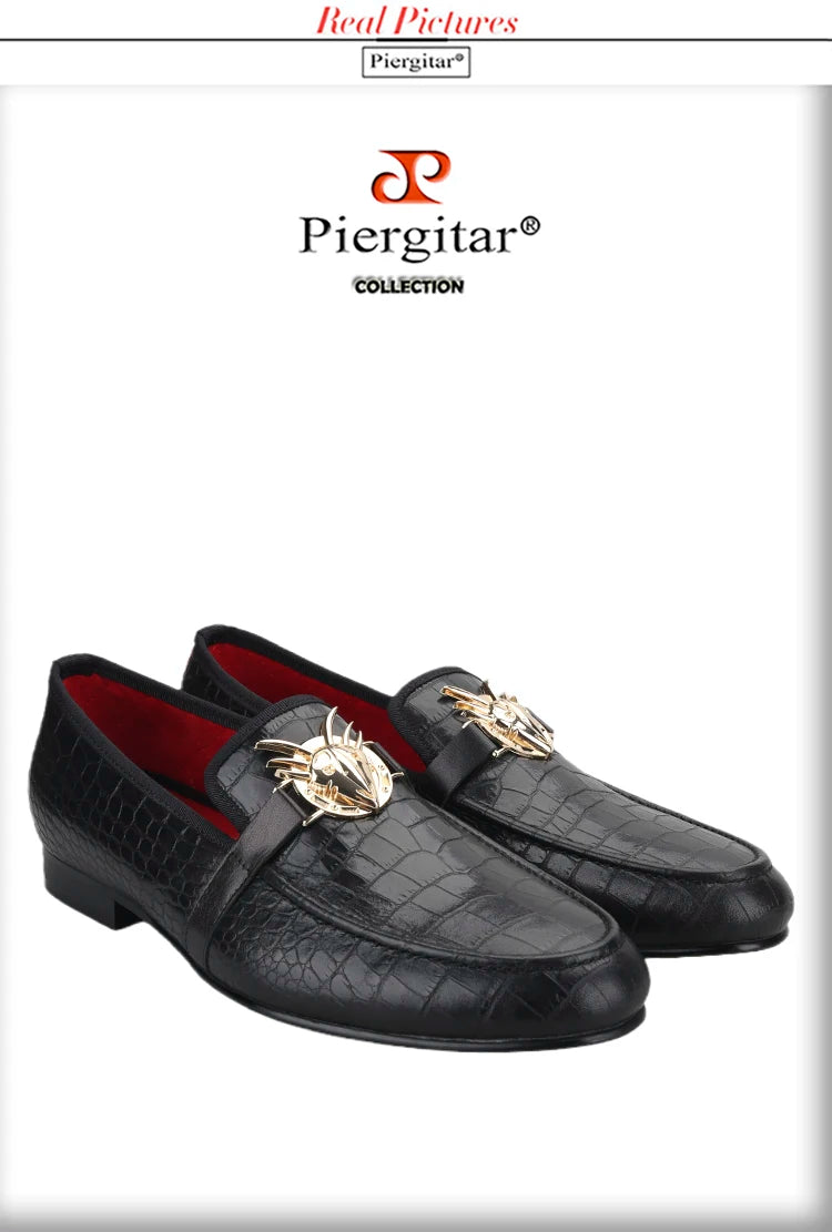 Piergitar Black Cow Leather Men Smoking Slippers Fashion Metal Buckle Handmade Slip-On Loafers For Wedding And Party Plus Size