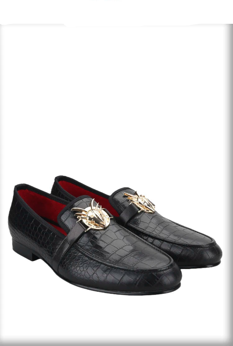 Black Cow Leather Men Smoking Loafers Fashion Metal Buckle Handmade Slide-On Loafers Wedding And Party Plus size