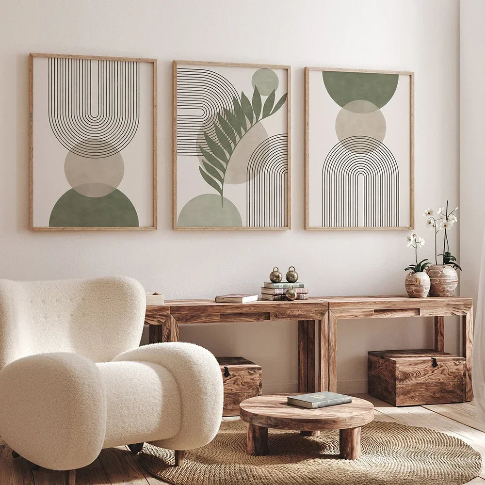 Sage Green Botanical Abstract Boho Geometry Wall Art