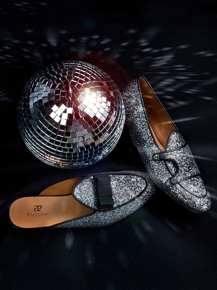 The New Style Square Glittering Silver Belgian Loafers with Double-Monk Moccs Handmade in GuangZhou