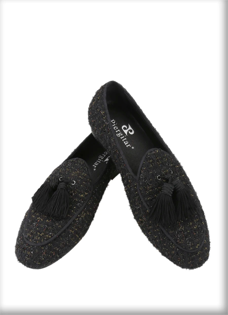 The British Classic style slip-on smoking slippers in White and Black Tweed with Handmade Tassels.
