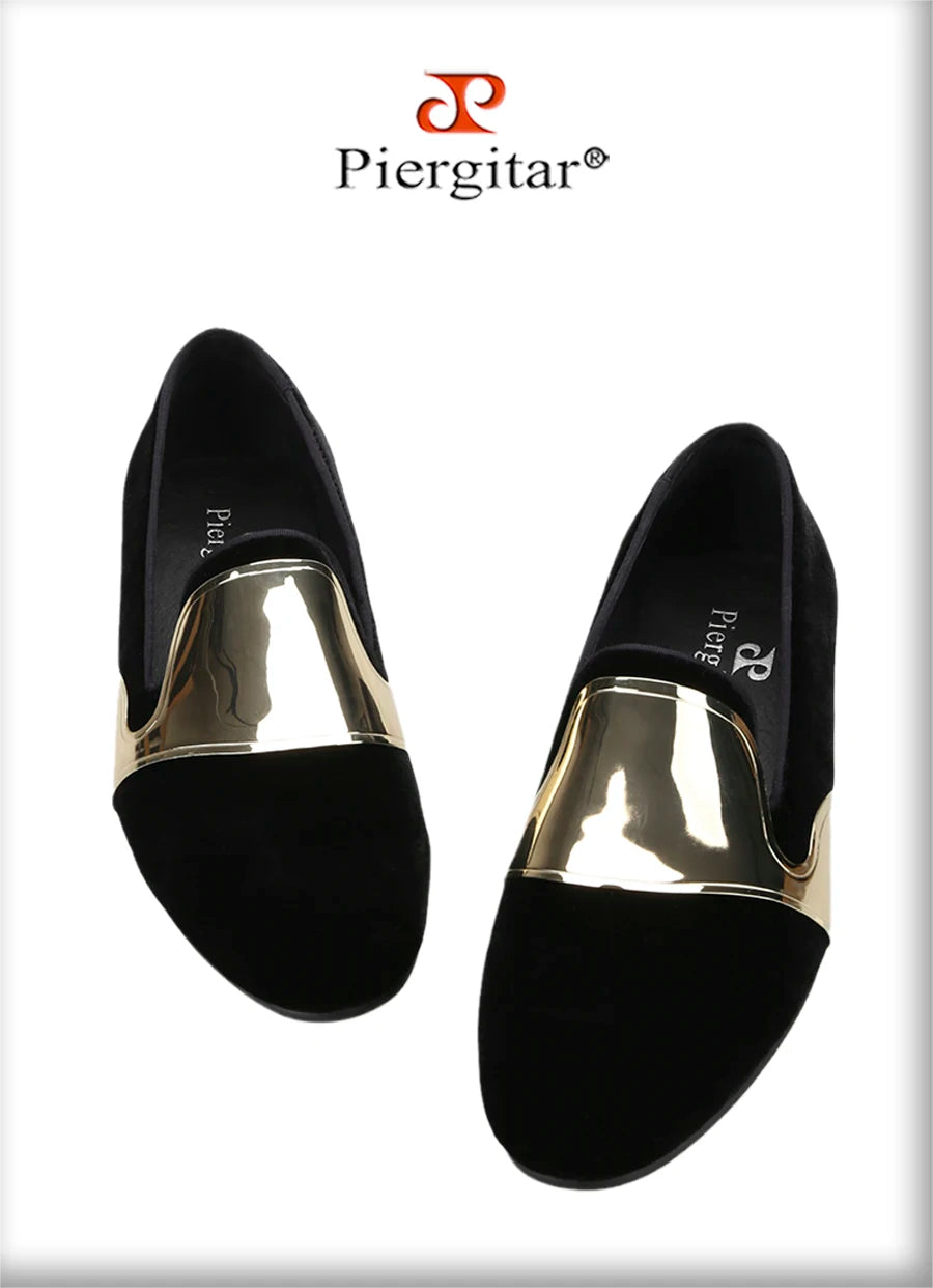 Piergitar Handmade Men Velvet Shoes With Across Gold Metal Buckles For Formal Suit Wear Fashion Party Slip-On Loafers Plus SIze