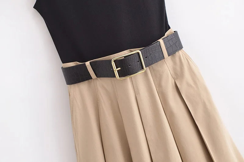 2025 Woman Dresses Belt pleated Midi Dress Sleeveless