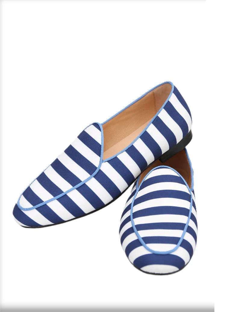 Red Bottom Male Slip-On Loafers With Blue And White Stripes Canvas For Prom And Party New Arrival