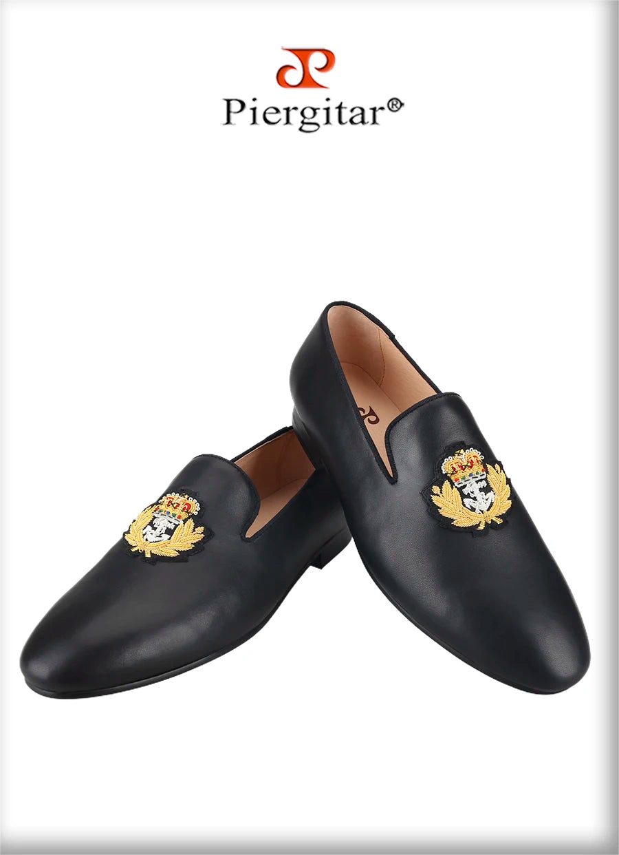 Piergitar Summer New Arrival Cow Leather Men Loafers With Luxurious Royal Style Gold Embroidery For Party Handmade Slip-On Shoes