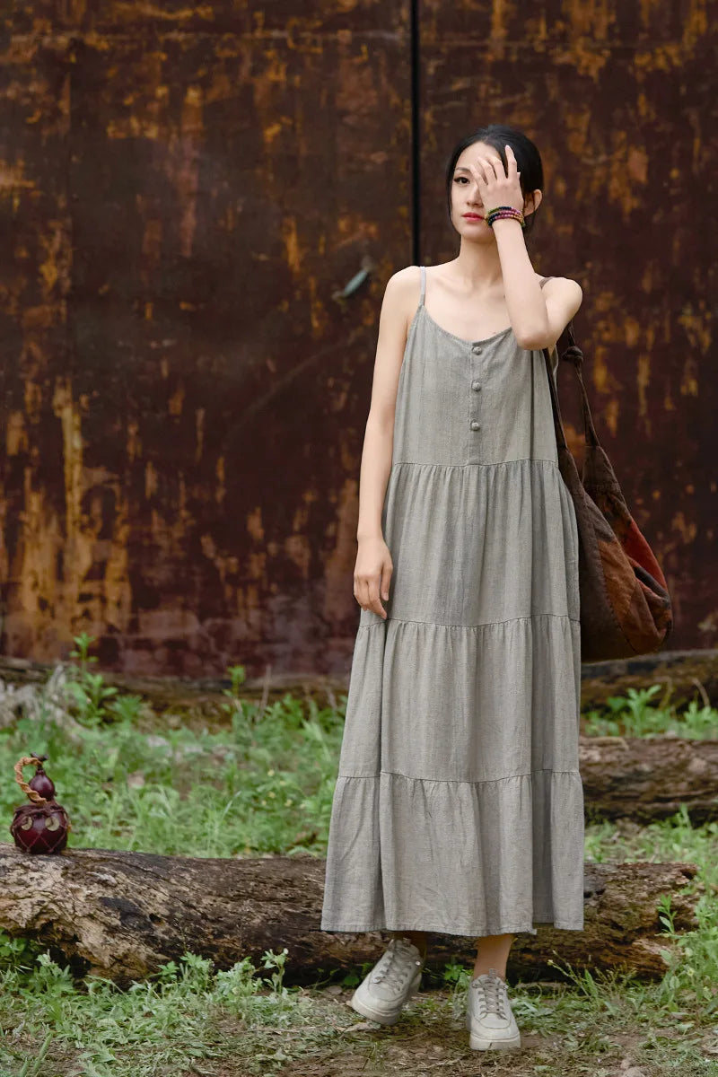 Cotton Linen Long Spaghetti Strap Dress