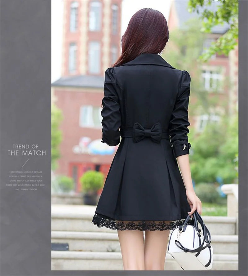 2025Spring Autumn New Windbreaker Coat Women Fashion Slim Mid Long Lace Trench Coat Female Casual Double-breasted Outerwear Tops