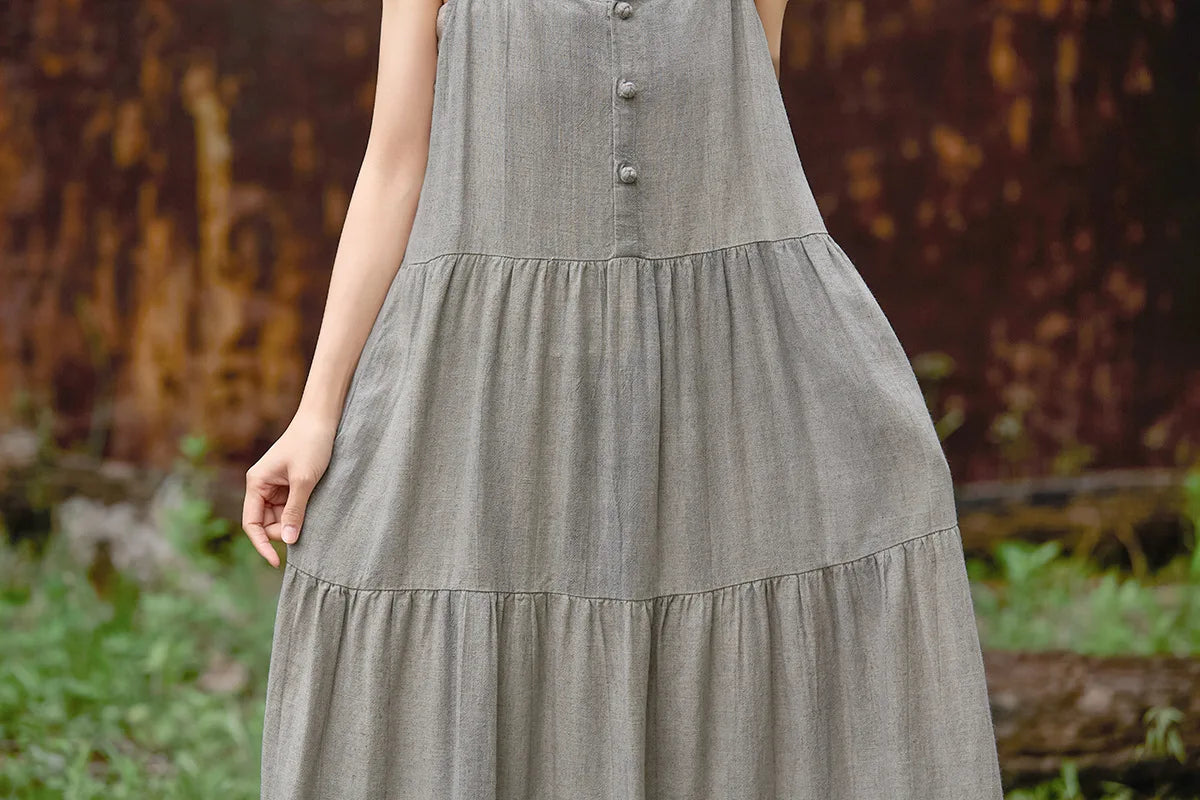 Cotton Linen Long Spaghetti Strap Dress