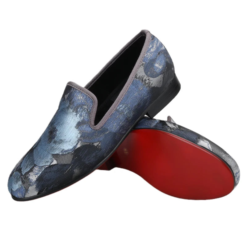 Piergitar 2023 New Abstract Printed Cotton Men's Loafers For Party Handmade Slip-On Moccasins Red Outsoles Smoking Slippers