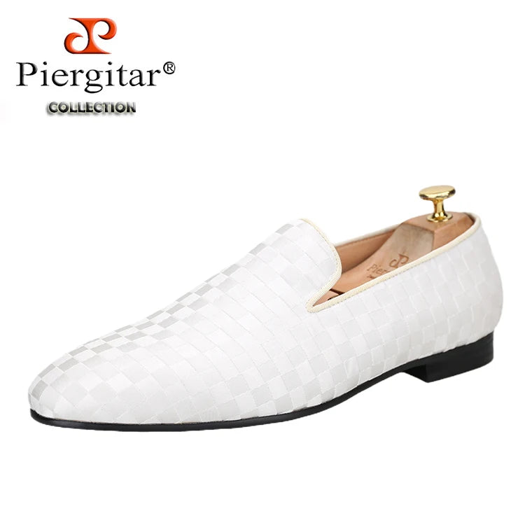 Piergitar 2022 Four Colors Checkerboard Print Silk Handmade Men's Loafers Classic British Style Man Smoking Slippers For Party