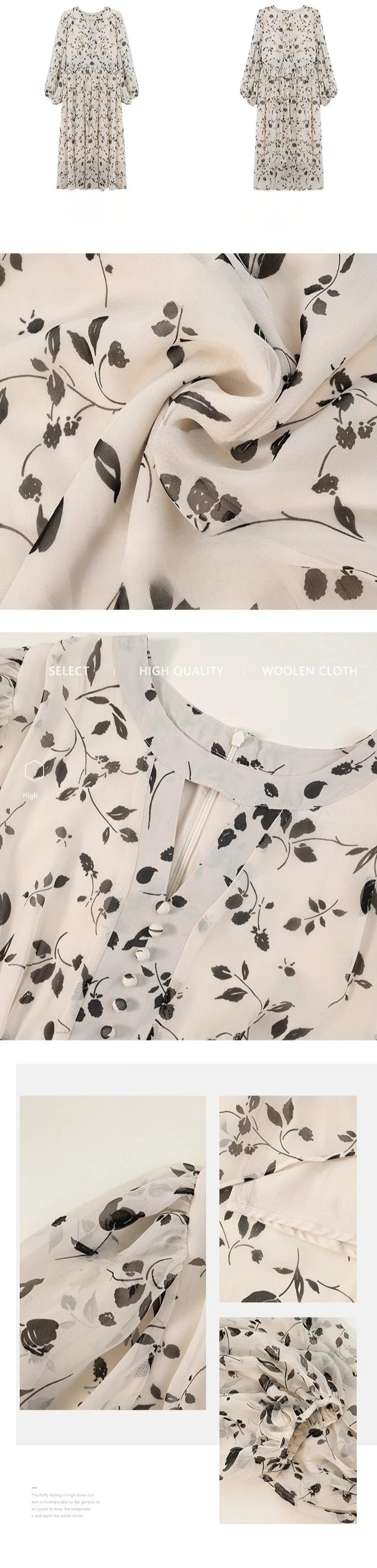 Floral Midi Dress Women Sweet A-Line Long Sleeve Hollow Out Dress Elegant High Waist Casual Long Dress Daily or Vacation Outfits