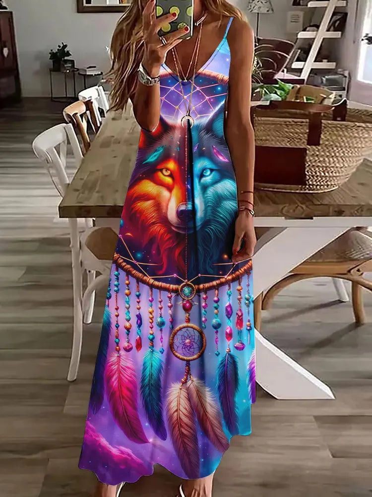 Women's Long Spaghetti Strap Tribal Pattern Dress
