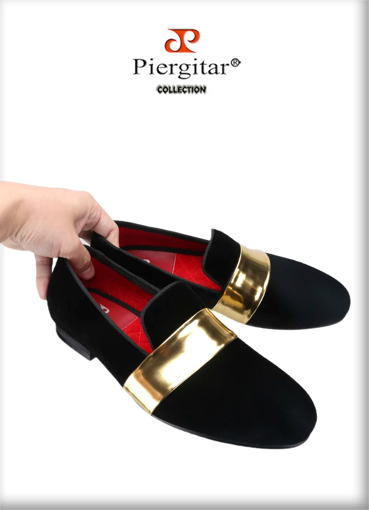 Piergitar New Style Handmade Men Velvet Loafers With Gold Patent Leather Crossbands Fashion Party And Wedding Male Dress Shoes