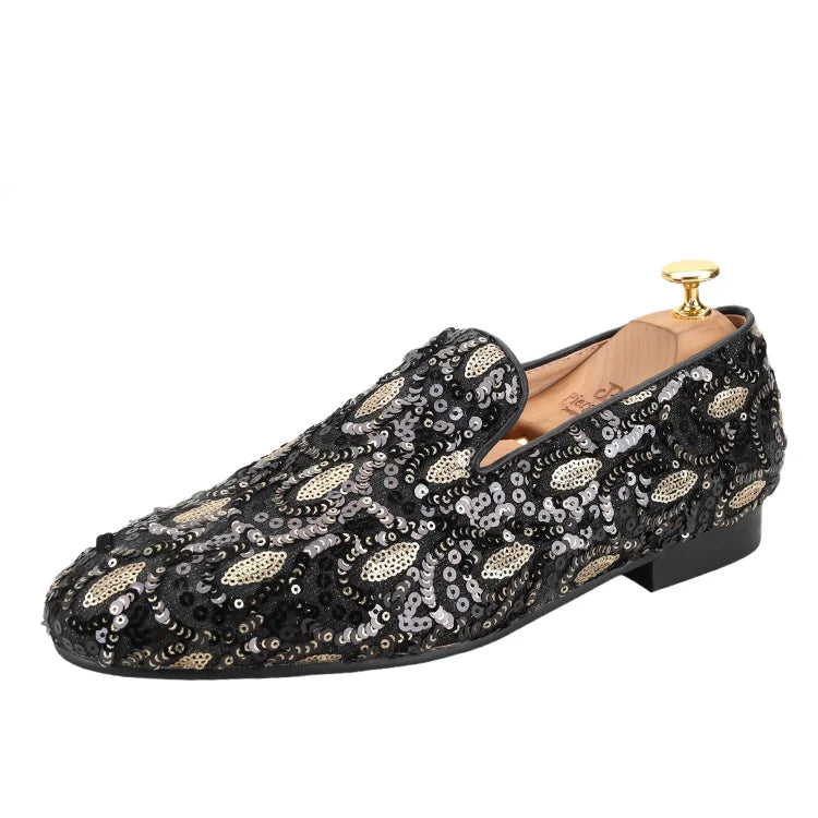 Mens smoking slippers handmade with leather insoles and gold and black glitter beads