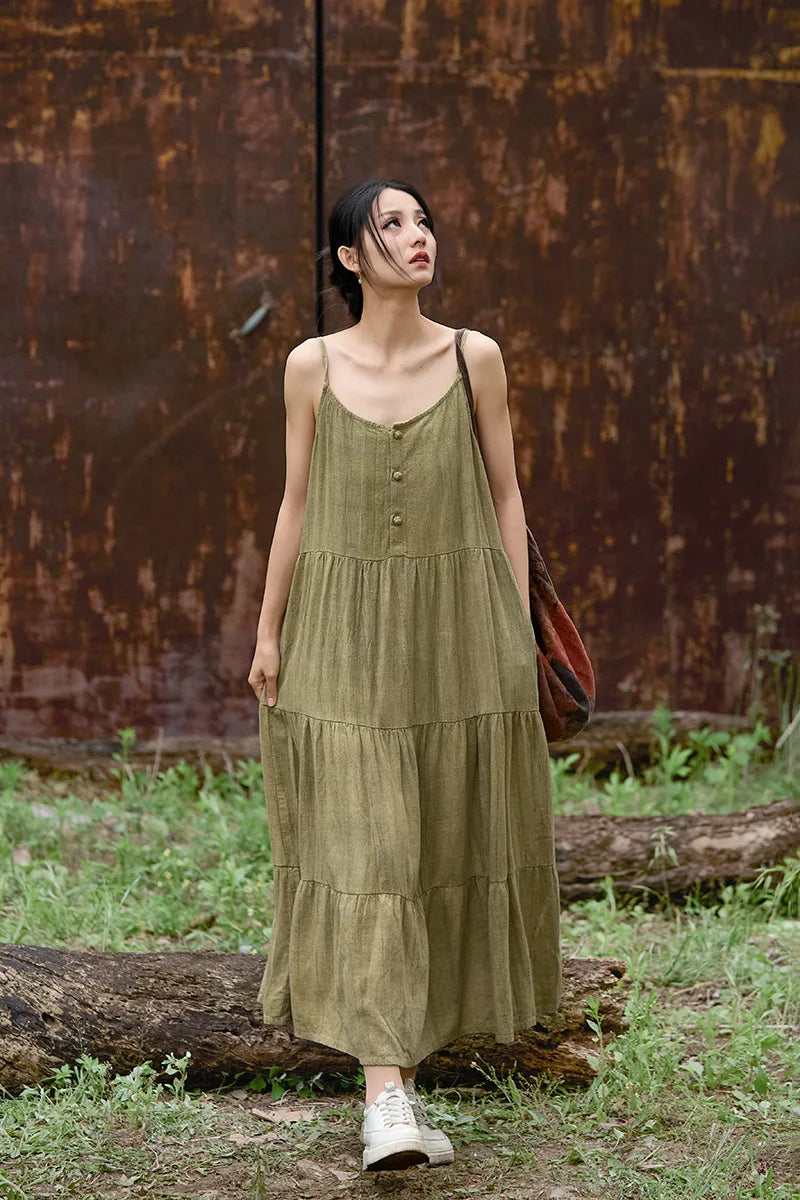 Cotton Linen Long Spaghetti Strap Dress