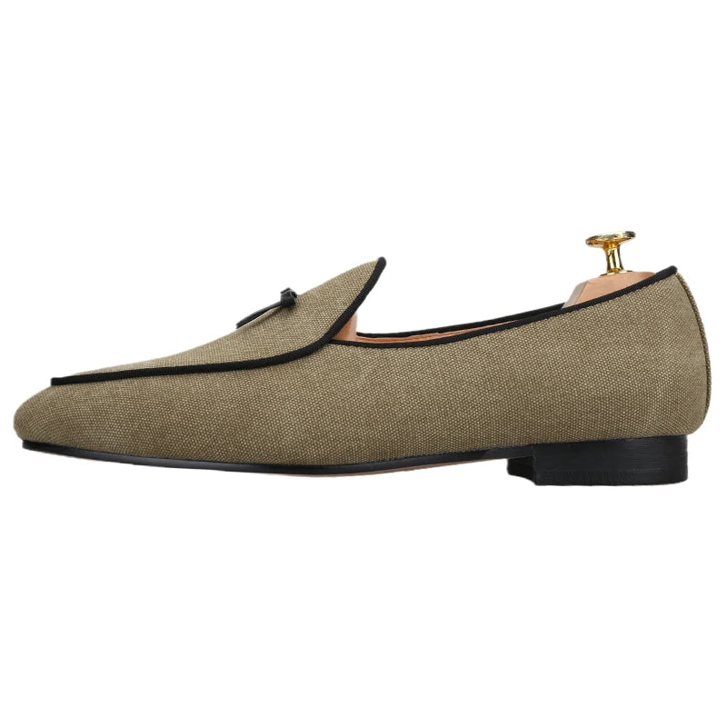 Three Colors Raw Canvas Belgian loafers with Calfskin Bows, Handmade Slip On Classic Mens Smoking Slippers