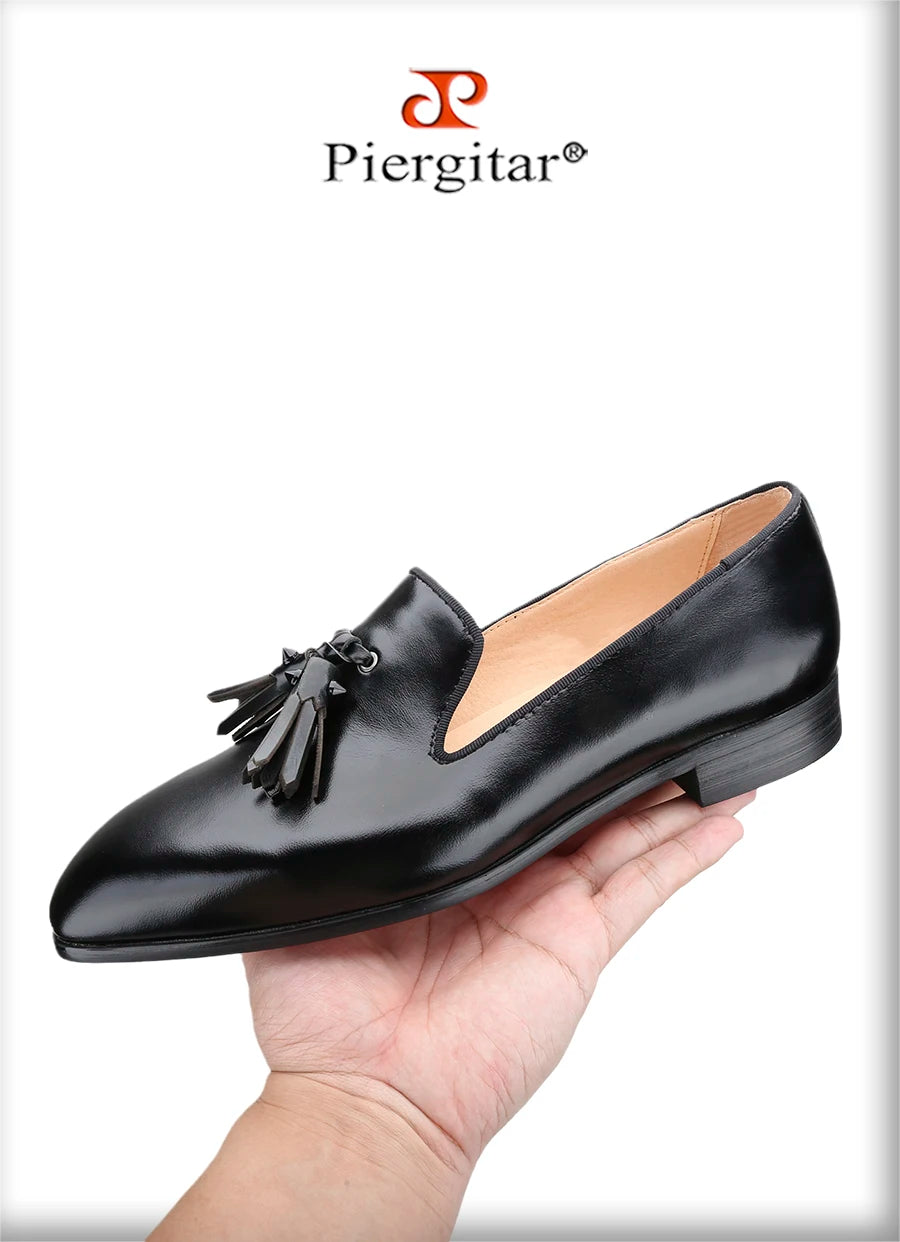 Piergitar Patinated Calf Leather Iconic Dandelion Loafers With Tassels Featuring Metal Spikes CL Brand Same Model Men Moccasins